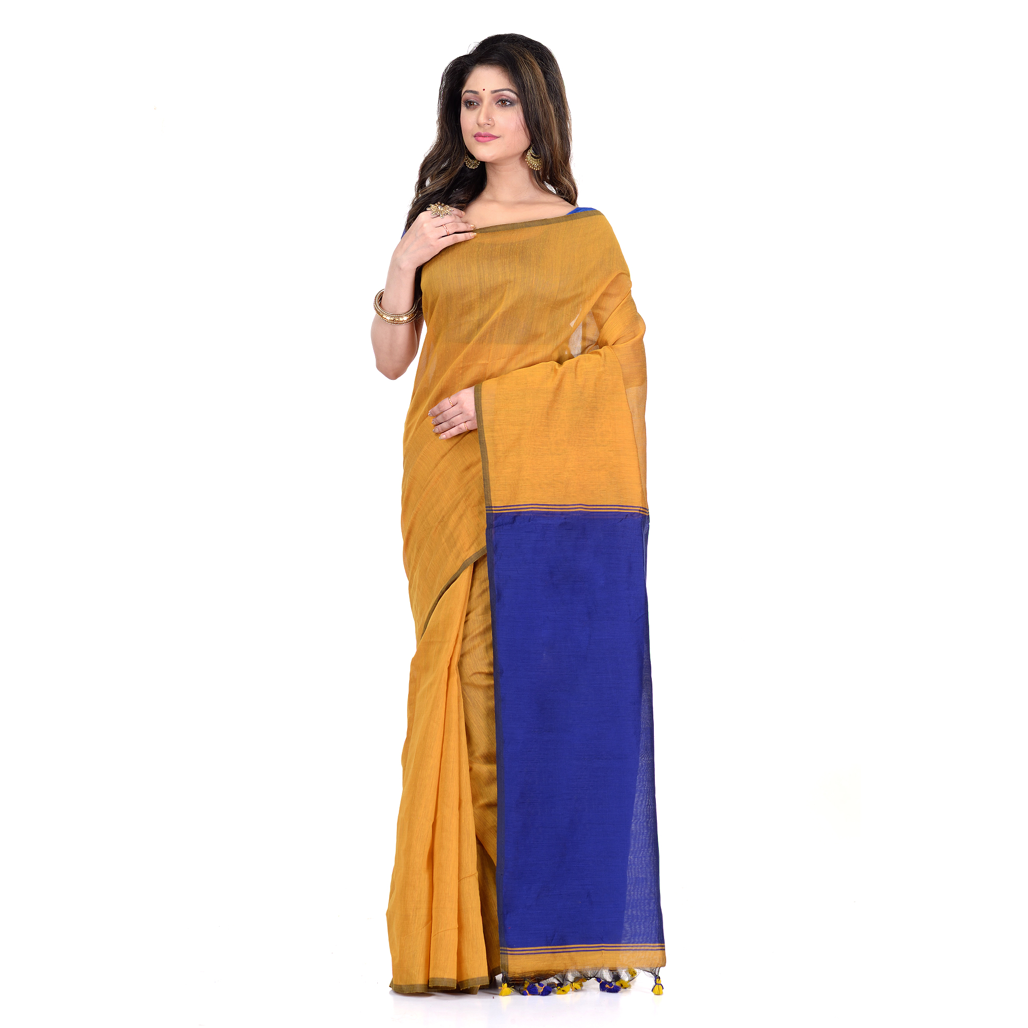 DESH BIDESH Women`s Bengal Half Half Ghicha Handloom Cotton Silk Saree With Blouse Piece (Mustard Yellow Blue)
